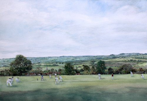 Game On - Stanton in Peak Cricket Ground, watercolour approx 30x40cm